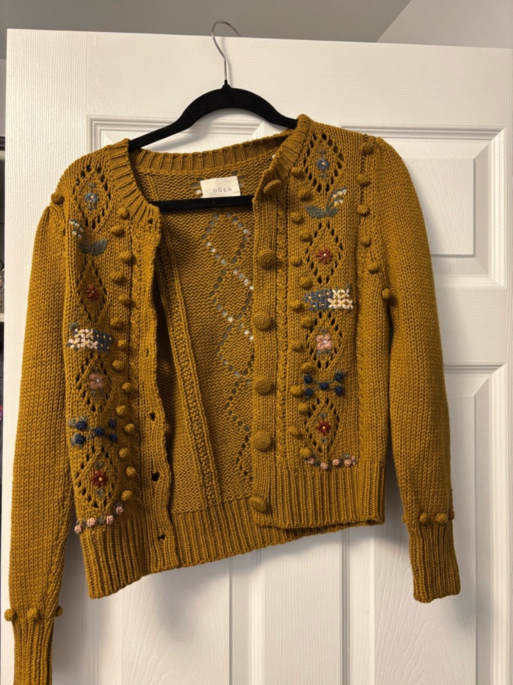 DÔEN Forget Me Not Cardigan Small Mustard Embroidered Organic Cotton - Picture 4 of 16